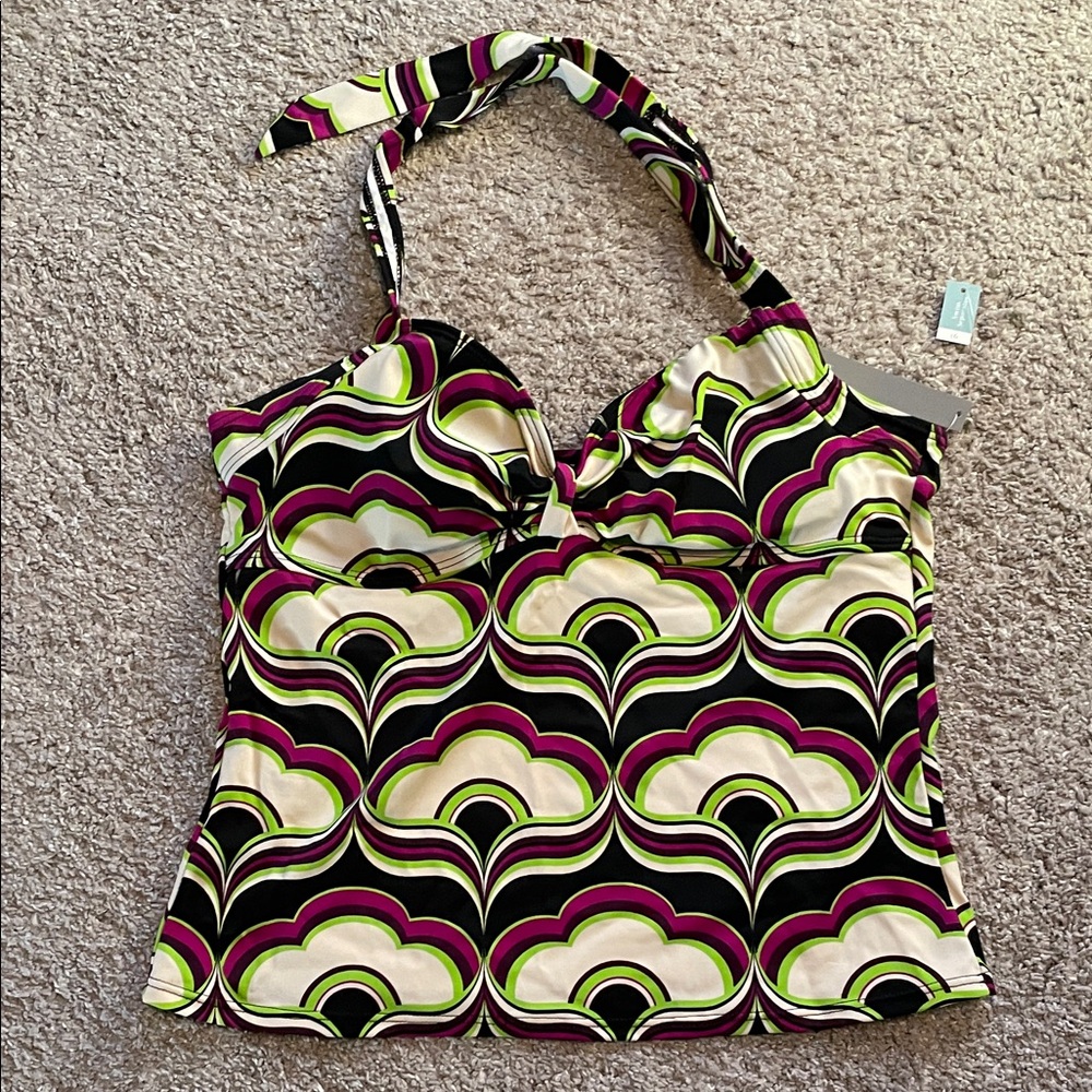Apt. 9 Women's Swim Tankini- Black, Purple, Green Pattern, 16